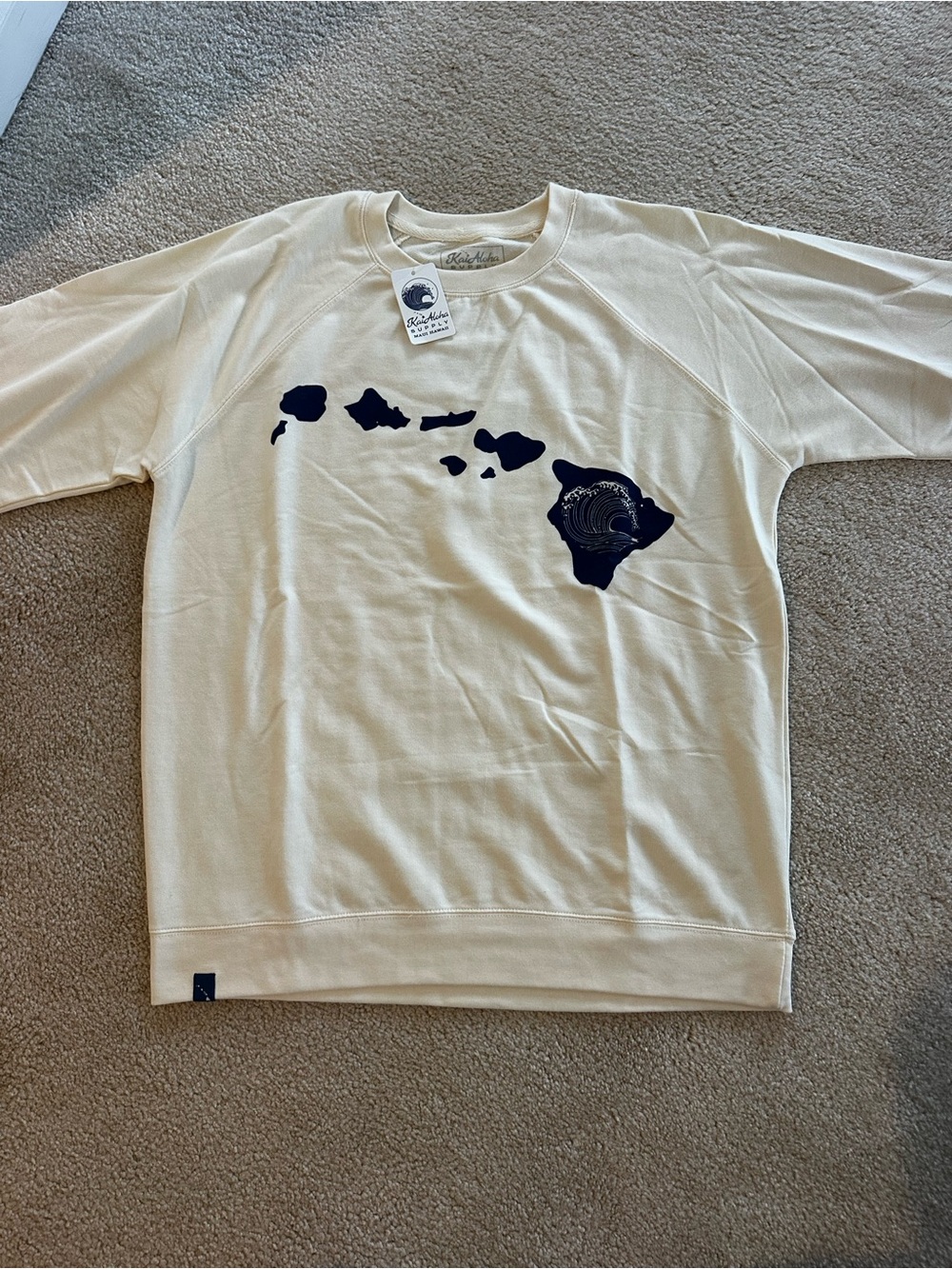 Men's Cream Crewneck Sweatshirt with Navy Hawaiian Map Graphic